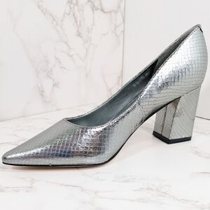 NEW Marc Fisher Women's Zala Pump Block Heel Pointed Toe Silver Snakeskin 5.5